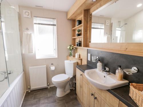 La salle de bains est pourvue de toilettes, d'un lavabo et d'un miroir. dans l'établissement Serenity Lodge, à Wemyss Bay