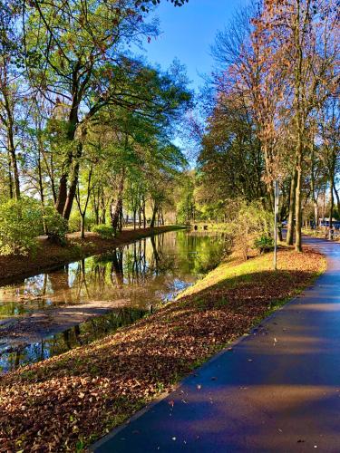 a path in a park next to a river at LAS SŁUPSKI PREMIUM BUSINESS APARTAMENT NR 7 Wifi Netflix Smart TV50 two bedrooms two extra large double beds up to 6 people full pleasure quality stay in Słupsk