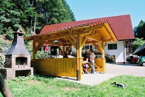 Ein Mann steht unter einem Holzpavillon mit zwei Hunden. in der Unterkunft Hinterkimmighof in Oberharmersbach