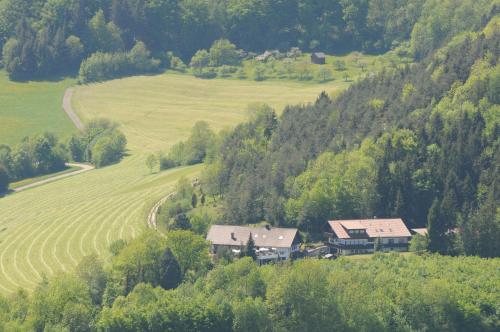 a house in the middle of a green field at Landgasthof Heldenberg in Nenningen