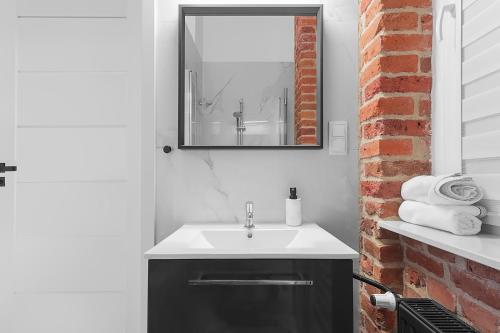 a bathroom with a sink and a mirror at Grey Panther Apartment in the Heart of Wroclaw in Wrocław
