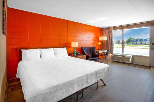 ein Schlafzimmer mit einem großen Bett und einer orangefarbenen Wand in der Unterkunft Starved Rock Motor Inn Travelodge by Wyndham in Streator