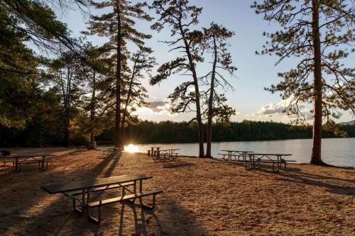 a group of picnic tables in front of a lake at Days Inn by Wyndham Tamworth in Tamworth