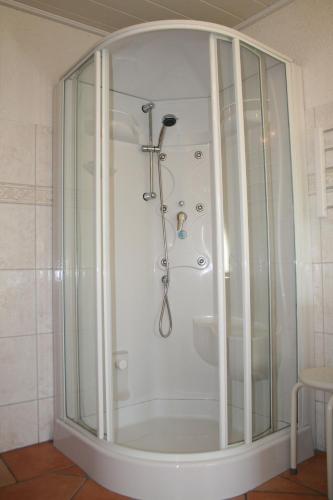 a shower with a glass enclosure in a bathroom at Harz-Chill Wernigerode in Wernigerode