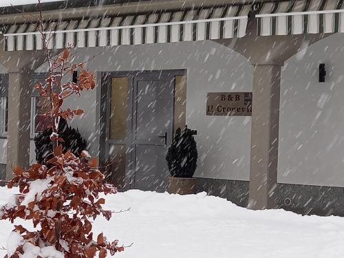 a snow storm in front of a garage at B&B Il Crocevia in Teglio