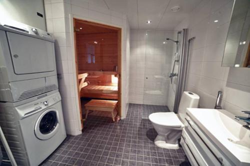 a bathroom with a toilet sink and a washing machine at JK Apartment Jannela in Lapua