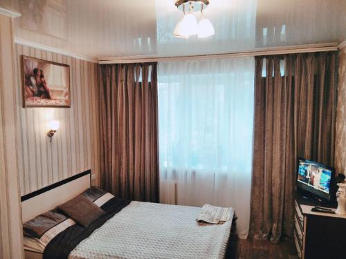 Shostka的住宿－центр вулиця Миру，一间卧室设有一张床、一台电视和一个窗口。