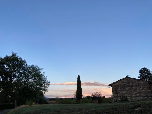 a house and a tree in a field with the sky at Agriturismo Spazzavento in Palazzone