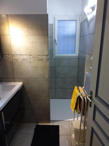 a bathroom with a shower and a toilet and a window at Gite La RESTANCO in Mouriès