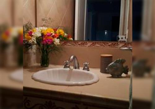 lavabo con jarrón de flores y espejo en euritmia departamentos de playa en Villa Gesell