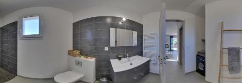 une salle de bain avec un lavabo, des toilettes et un miroir dans l'établissement Villa Orethaga appart Ghjallu, à Porto-Vecchio