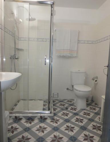 a bathroom with a shower and a toilet and a sink at Casa da Rosa Linda in Orca