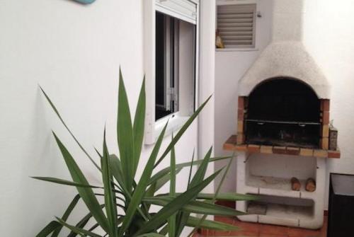 una planta sentada frente a un horno de pizza en KAKTUS BEACH House, en Corralejo