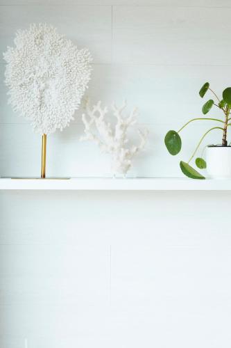 a white shelf with flowers and a plant on it at B&B Armalot by Julia in De Panne