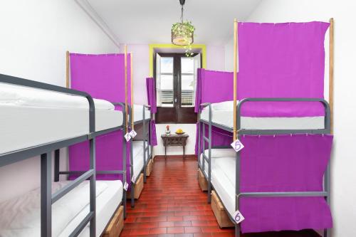 a bus with purple bunk beds in a room at Patio Hostel in Las Lagunas