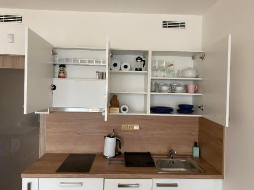 a kitchen with white cabinets and a sink at Apartment David O2 Arena Prague in Prague