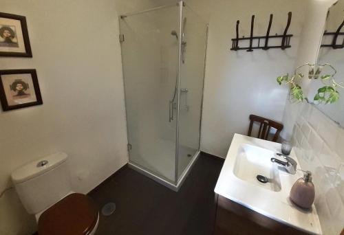 a bathroom with a shower and a toilet and a sink at Casa Champasak in Órgiva