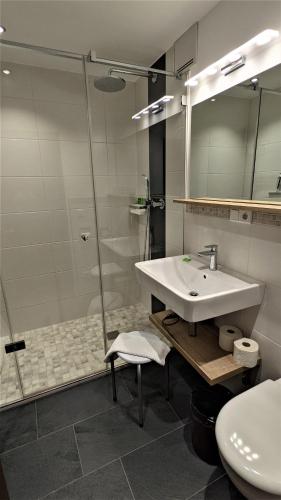 a bathroom with a sink and a glass shower at Ferienhaus Wetterstein in Grainau