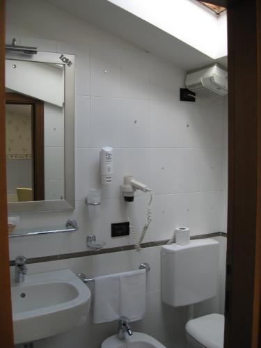 a bathroom with a sink and a toilet and a mirror at Hotel Centrale in Bologna