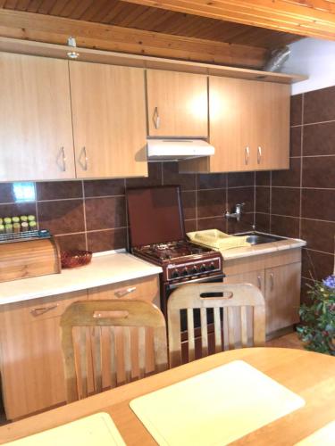 a kitchen with wooden cabinets and a stove top oven at Ibis in Sovata