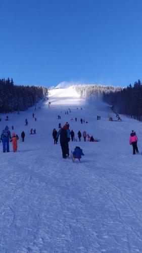 a group of people skiing down a snow covered slope at Apartmány Trio Krkonoše in Horní Maršov