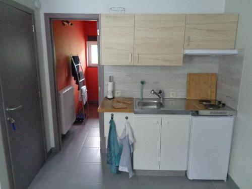 a small kitchen with white cabinets and a sink at AU PIED DE L'ABBAYE DE LEFFE in Dinant