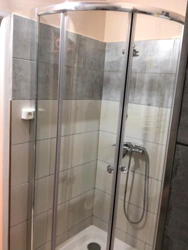 a shower with a glass door in a bathroom at SOLE in Żary