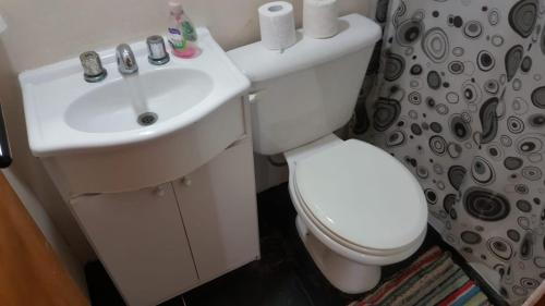 a bathroom with a white toilet and a sink at Cabañas Diamante in Gualeguaychú