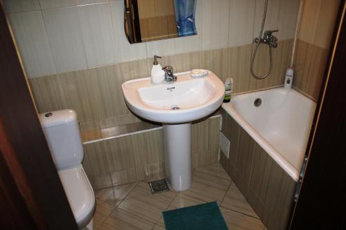 La salle de bains est pourvue d'un lavabo, de toilettes et d'une baignoire. dans l'établissement Premium apartment, on Burebista blv, à Bucarest