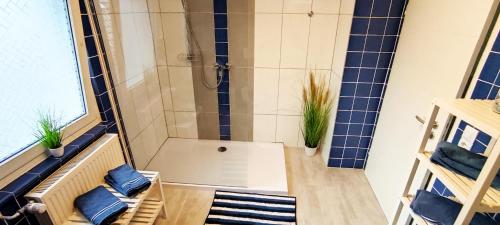 ein Bad mit einer Dusche und blauen Fliesen in der Unterkunft Unterkunft4You in Usingen