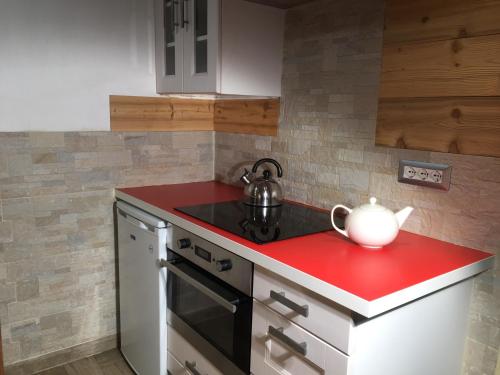 une cuisine avec un comptoir rouge avec une bouilloire à thé dans l'établissement Chamonix Holiday Cromotherapy Apartment 1, à Chamonix-Mont-Blanc