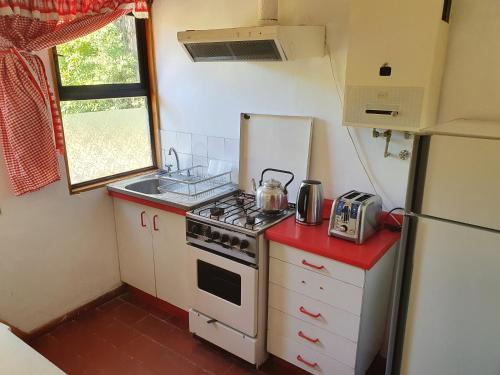 a small kitchen with a stove and a refrigerator at Parcela de 3 hectáreas con orilla de Lago in Las Cabras
