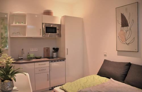 a small kitchen with a couch in a room at Appartement du Rhin in Neuhaeusel