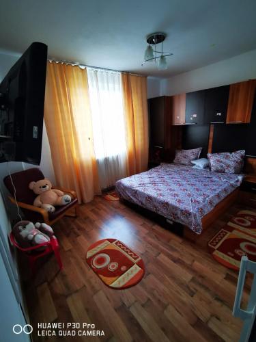 a bedroom with a bed and a tv and wooden floors at Sophia Lupeni Straja in Lupeni