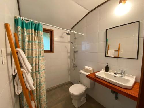 a bathroom with a sink and a toilet and a mirror at Cabañas Koyam Ruka in Licán Ray