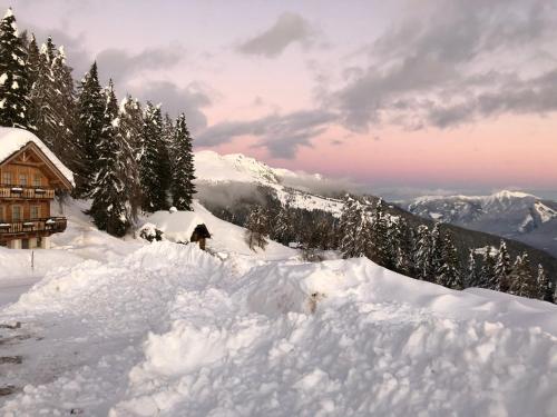 a snow covered mountain with a cabin in the background at Hotel Berghof in Berg im Drautal