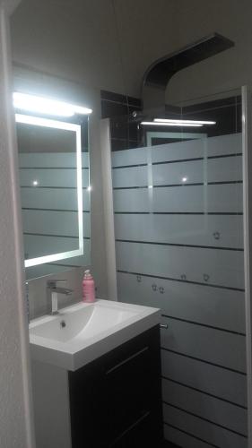 une salle de bain avec un lavabo et un miroir dans l'établissement Maison ronde atypique et unique, à Torreilles