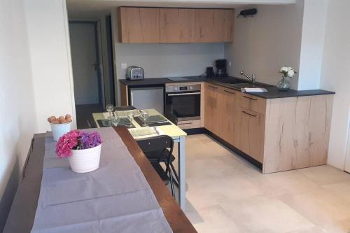 une cuisine avec une table et un comptoir dans l'établissement Logement entier 4 personnes Villefranche sur Saone, à Villefranche-sur-Saône