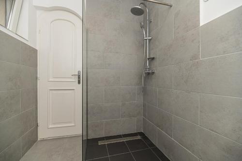 a shower with a glass door in a bathroom at Bada Bing Residence in Braşov