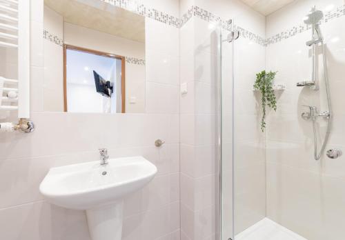 a white bathroom with a sink and a shower at Apartament i Pokoje Gościnne u Lusi in Wisła