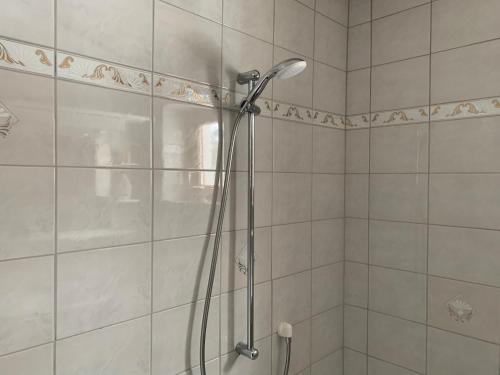 a shower with a shower head in a bathroom at Chalet Villa Alpen Lodge in Bichlbach