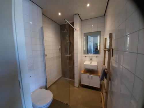 La salle de bains est pourvue de toilettes, d'un lavabo et d'une douche. dans l'établissement Beach Hotel Oostvoorne, à Oostvoorne