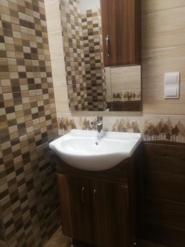 łazienka z białą umywalką i lustrem w obiekcie Zso-Zé Apartman w mieście Tiszafüred
