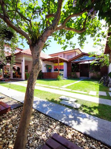 a house with a tree in the front yard at Pousada Origin in Guarda do Embaú