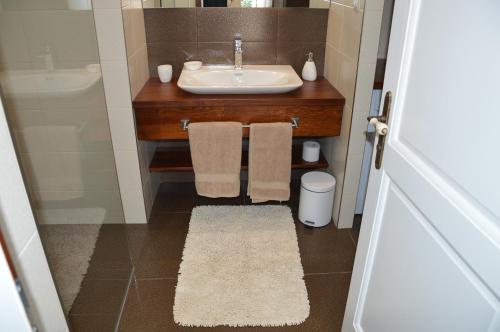 a bathroom with a sink and a mirror and a rug at M2-Apartment in Szombathely