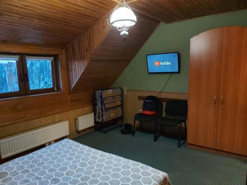 a bedroom with a bed and a flat screen tv at Затишок in Tysovets