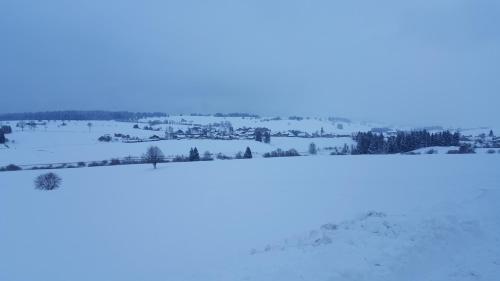 a snow covered field with a town in the distance at Duplex Métabief in Métabief