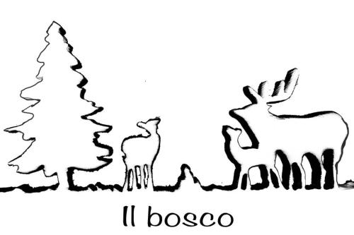a black and white drawing of two deer and a christmas tree at Il Bosco - vicino al lago, vicino alle montagne in Ballabio