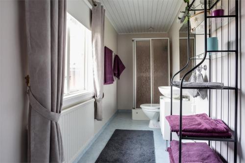 a bathroom with a toilet and a window at Bergsmansgårdens Gästhus in Asphyttan