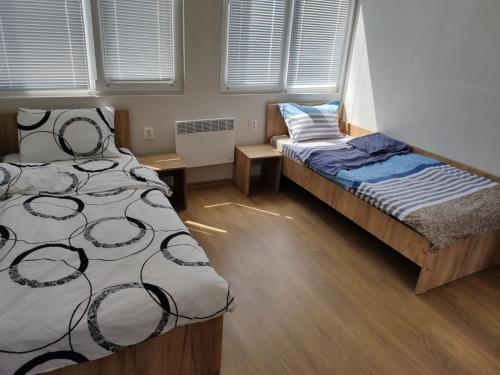 two beds in a room with windows and wooden floors at Hostel Iliana Общежитие Илияна in Elin Pelin